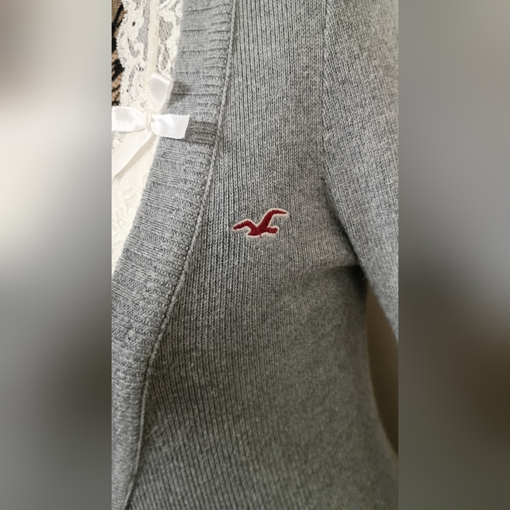 ♡ Y2K ♡ Hollister Grey Rabbit Hair Blingy Button Babydoll Cardigan Sweater - Picture 7 of 10
